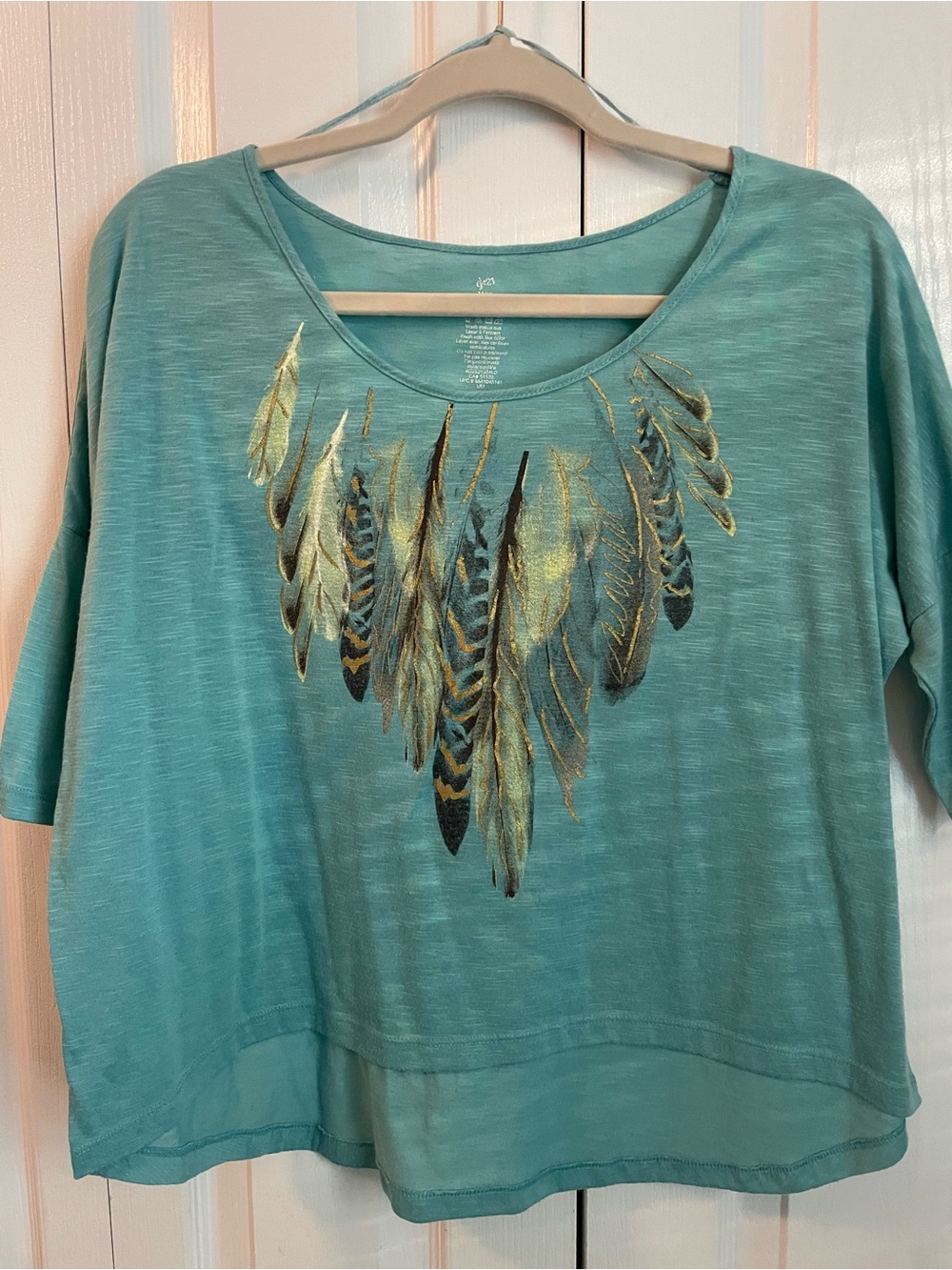 Aqua Hi-Lo Scoop-Neck Top with Gold Feather Accents, Medium